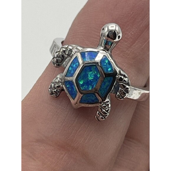Honolulu Jewelry Co Sterling Silver Synthetic Opal Inlay Turtle Ring & Earrings - Picture 7 of 12